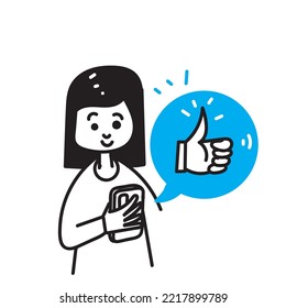 hand drawn doodle mobile phone with like button sign symbol illustration vector