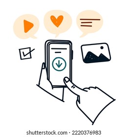 doodle dibujado a mano teléfono móvil con ilustración de datos de descarga