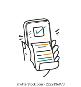 hand drawn doodle mobile phone banking with receipt illustration vector