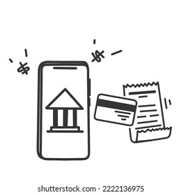 hand drawn doodle mobile phone banking with receipt illustration vector