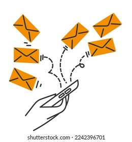 doodle dibujado a mano el teléfono móvil envía un montón de cartas de sobre símbolo para la ilustración de email marketing