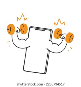 hand drawn doodle mobile phone with dumbbell symbol for online fitness illustration vector