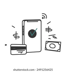 hand drawn doodle mobile phone and credit card with money access symbol