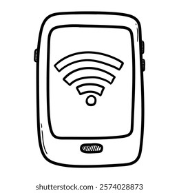 Hand drawn doodle mobile phone with wi-fi icon isolated on white background. Vector illustration.