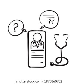 hand drawn doodle mobile and stethoscope symbol for online doctor illustration vector