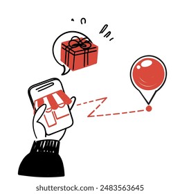 hand drawn doodle mobile store send gift box to gps location illustration