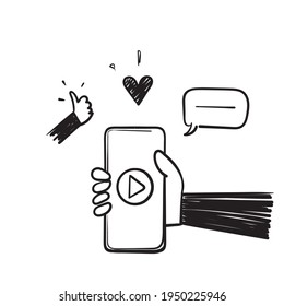 hand drawn doodle mobile video play, social media share icon vector