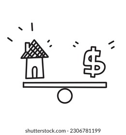 hand drawn doodle money coin compare house on weighing scale illustration