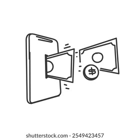 hand drawn doodle money come out from mobile phone