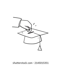 hand drawn doodle money and graduation hat illustration symbol for tuition fee icon isolated