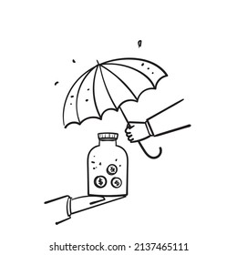 hand drawn doodle money and umbrella symbol for financial protection illustration icon isolated