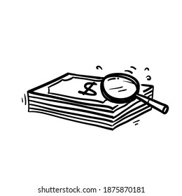 hand drawn doodle money under magnifying glass symbol for finance check illustration icon isolated