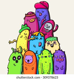 hand drawn doodle monsters, colorful crazy creatures