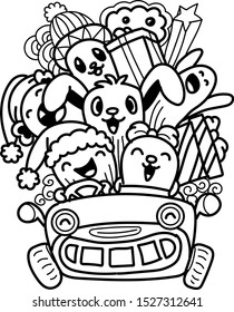 Monstruos de doodle dibujados a mano divirtiéndose conduciendo un camión en la fiesta de Navidad