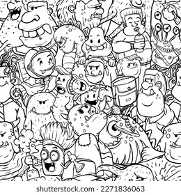 hand drawn doodle monsters seamless pattern, transparent background