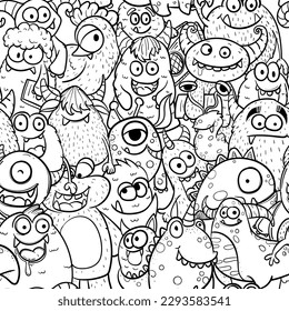 hand drawn doodle monsters seamless pattern, transparent background