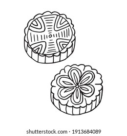 Hand Drawn Doodle Mooncake. Chinese Cuisine Dish. Design Sketch Element For Menu Cafe, Restaurant, Label And Packaging. Vector Illustration On A White Background.