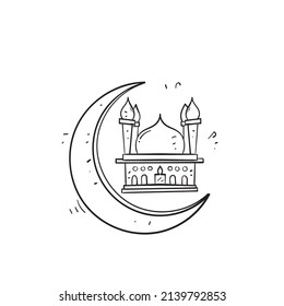 hand drawn doodle mosque and crescent symbol for islamic religion illustration vector isolated