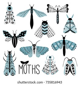 Hand drawn doodle moth vector set. Collection with beautiful colorful butterflies. Flat insect illustration