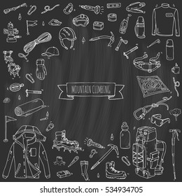 Hand drawn doodle Mountain Climbing icons set. Vector illustration. Mountaineering equipment collection. Cartoon sketch elements for trekking, hiking, tourism, expedition, camping, outdoor recreation.