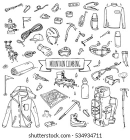 Hand drawn doodle Mountain Climbing icons set. Vector illustration. Mountaineering equipment collection. Cartoon sketch elements for trekking, hiking, tourism, expedition, camping, outdoor recreation.