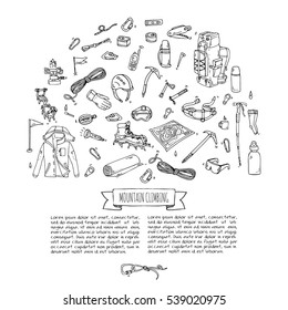 Hand drawn doodle Mountain Climbing icons set. Vector illustration. Mountaineering equipment collection. Cartoon sketch elements for trekking, hiking, tourism, expedition, camping, outdoor recreation.