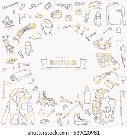 Hand drawn doodle Mountain Climbing icons set. Vector illustration. Mountaineering equipment collection. Cartoon sketch elements for trekking, hiking, tourism, expedition, camping, outdoor recreation.