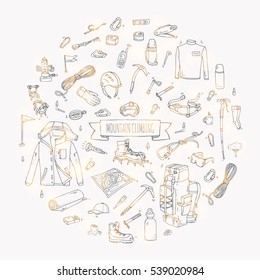 Hand drawn doodle Mountain Climbing icons set. Vector illustration. Mountaineering equipment collection. Cartoon sketch elements for trekking, hiking, tourism, expedition, camping, outdoor recreation.