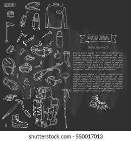 Hand drawn doodle Mountain Climbing icons set. Vector illustration. Mountaineering equipment collection. Cartoon sketch elements for trekking, hiking, tourism, expedition, camping, outdoor recreation.