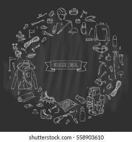 Hand drawn doodle Mountain Climbing icons set. Vector illustration. Mountaineering equipment collection. Cartoon sketch elements for trekking, hiking, tourism, expedition, camping, outdoor recreation.