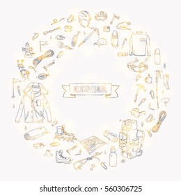 Hand drawn doodle Mountain Climbing icons set. Vector illustration. Mountaineering equipment collection. Cartoon sketch elements for trekking, hiking, tourism, expedition, camping, outdoor recreation.