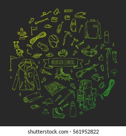 Hand drawn doodle Mountain Climbing icons set. Vector illustration. Mountaineering equipment collection. Cartoon sketch elements for trekking, hiking, tourism, expedition, camping, outdoor recreation.
