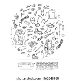Hand drawn doodle Mountain Climbing icons set. Vector illustration. Mountaineering equipment collection. Cartoon sketch elements for trekking, hiking, tourism, expedition, camping, outdoor recreation.