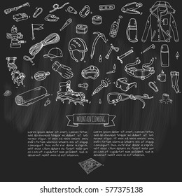 Hand drawn doodle Mountain Climbing icons set. Vector illustration. Mountaineering equipment collection. Cartoon sketch elements for trekking, hiking, tourism, expedition, camping, outdoor recreation.