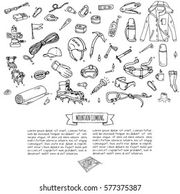 Hand drawn doodle Mountain Climbing icons set. Vector illustration. Mountaineering equipment collection. Cartoon sketch elements for trekking, hiking, tourism, expedition, camping, outdoor recreation.