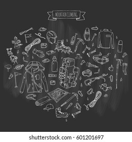 Hand drawn doodle Mountain Climbing icons set. Vector illustration. Mountaineering equipment collection. Cartoon sketch elements for trekking, hiking, tourism, expedition, camping, outdoor recreation.
