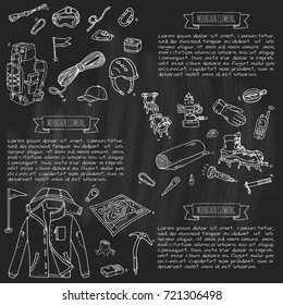 Hand drawn doodle Mountain Climbing icons set. Vector illustration. Mountaineering equipment collection. Cartoon sketch elements for trekking, hiking, tourism, expedition, camping, outdoor recreation.