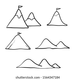 hand drawn doodle mountain with flag illustration isolated on white background