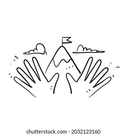 hand drawn doodle mountain with flag on palm hand illustration vector