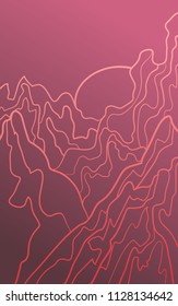 Hand drawn doodle mountain on the sunset. Abstract line art landscape. Line of mountain with gradient