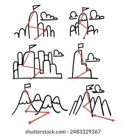 hand drawn doodle mountain peak with flag and trail tracking illustration