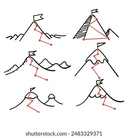hand drawn doodle mountain peak with flag and trail tracking illustration