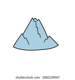Hand drawn doodle mountain. Simple blue mountain with cracks and relief. Vector illustration isolated on white background