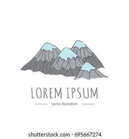 Hand drawn doodle Mountains icon. Vector illustration for concepts add logos. Japan related icon post card. Sketch style isolated Volcano. Snow-covered mountain. Dormant volcano with snowy peak