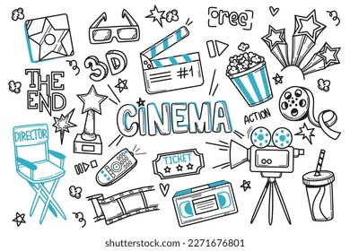 hand drawn doodle movie cinema set