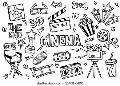 Hand drawn doodle movie set. Cinema theater and film making accessories. Symbols collection of popcorn, video tape, camera, clapperboard and director chair isolated on white background.