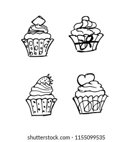 Hand drawn doodle muffins set.Perfect for invitation, greeting card, coloring book, textile print.