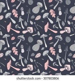 Hand drawn doodle  mushroom vector seamless pattern. 