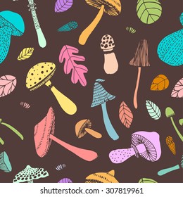 Hand drawn doodle  mushroom vector seamless pattern. 