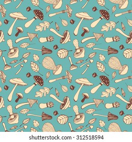 Hand drawn doodle  mushroom vector seamless pattern.  Vintage wallpaper. Scrapbook paper pattern.
